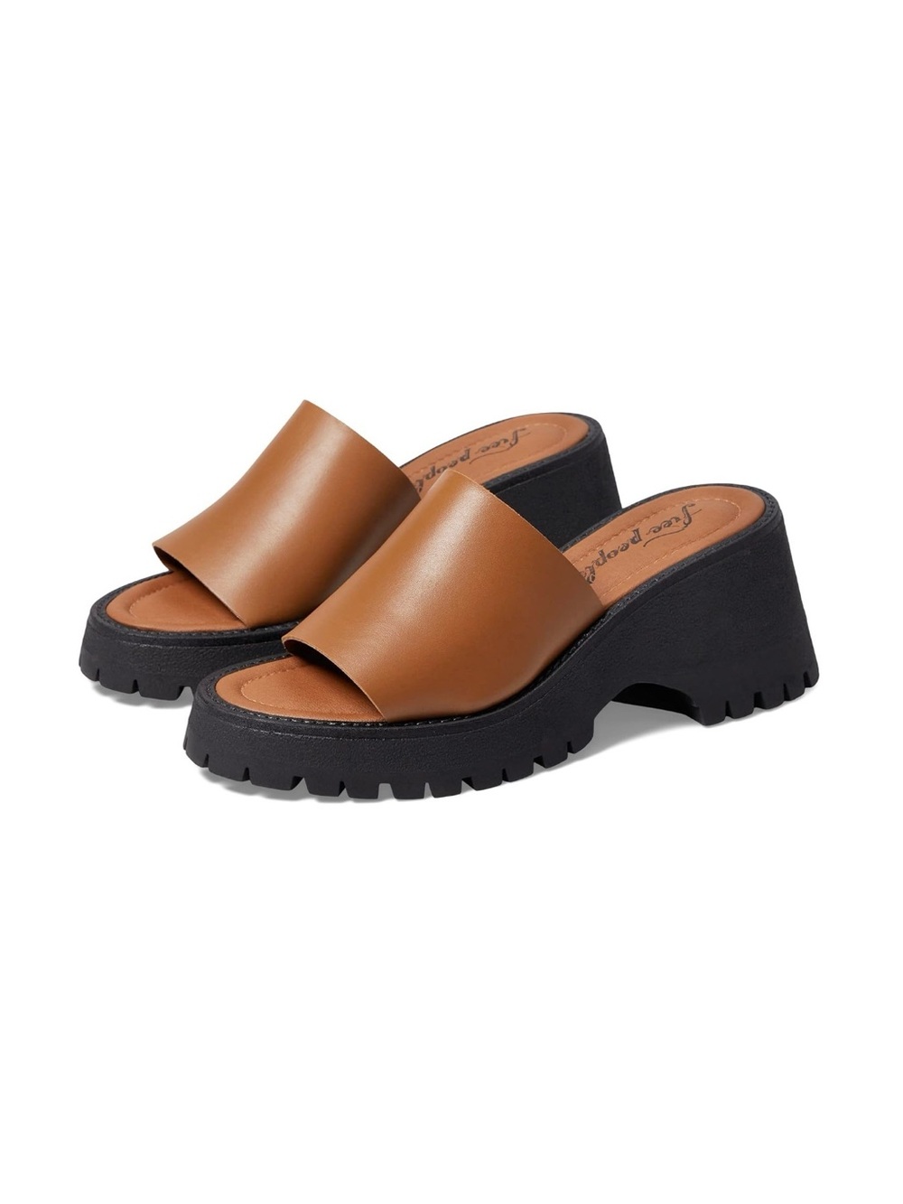 Free People Winona Tan Brown Leather Chunky Wedge Slide Sandals